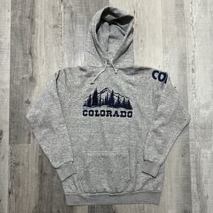 VTG 70s/80s Flock Print Grey Colorado Pull Over Spell Out Mountain Travel Hoodie